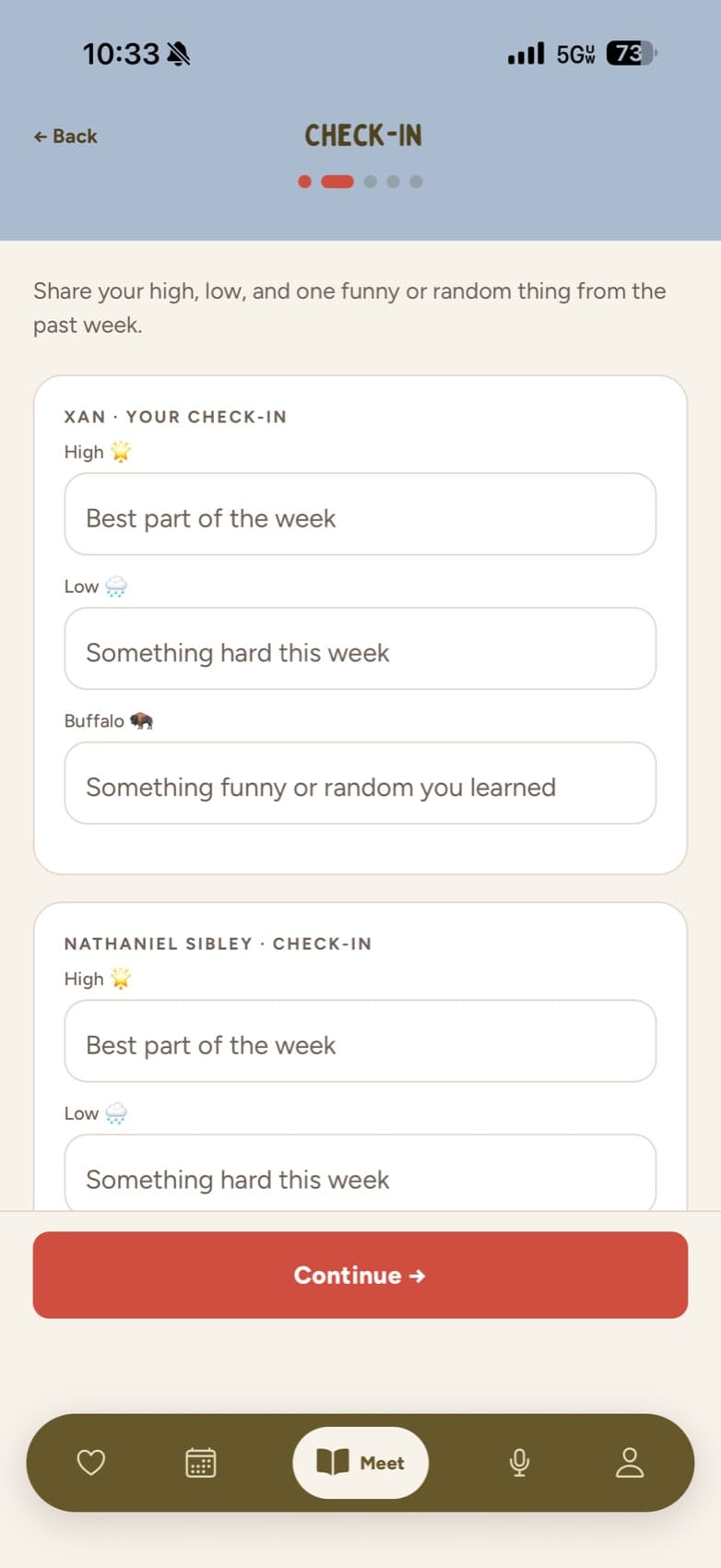 The check-in step of the marriage meeting in the One Degree app