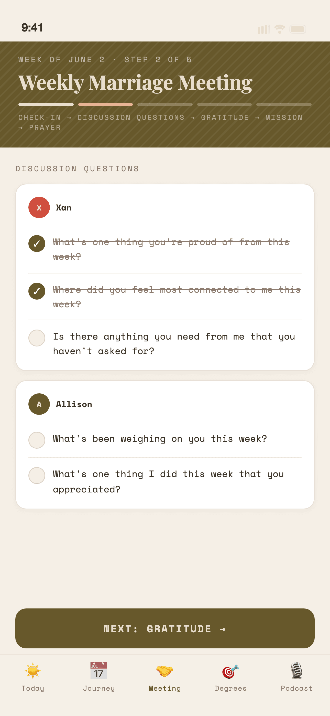 The weekly marriage meeting in the One Degree app